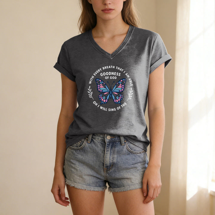 Christianartworkshop Sing of the Goodness of God Butterfly Print Casual V-neck T-shirt - image 21