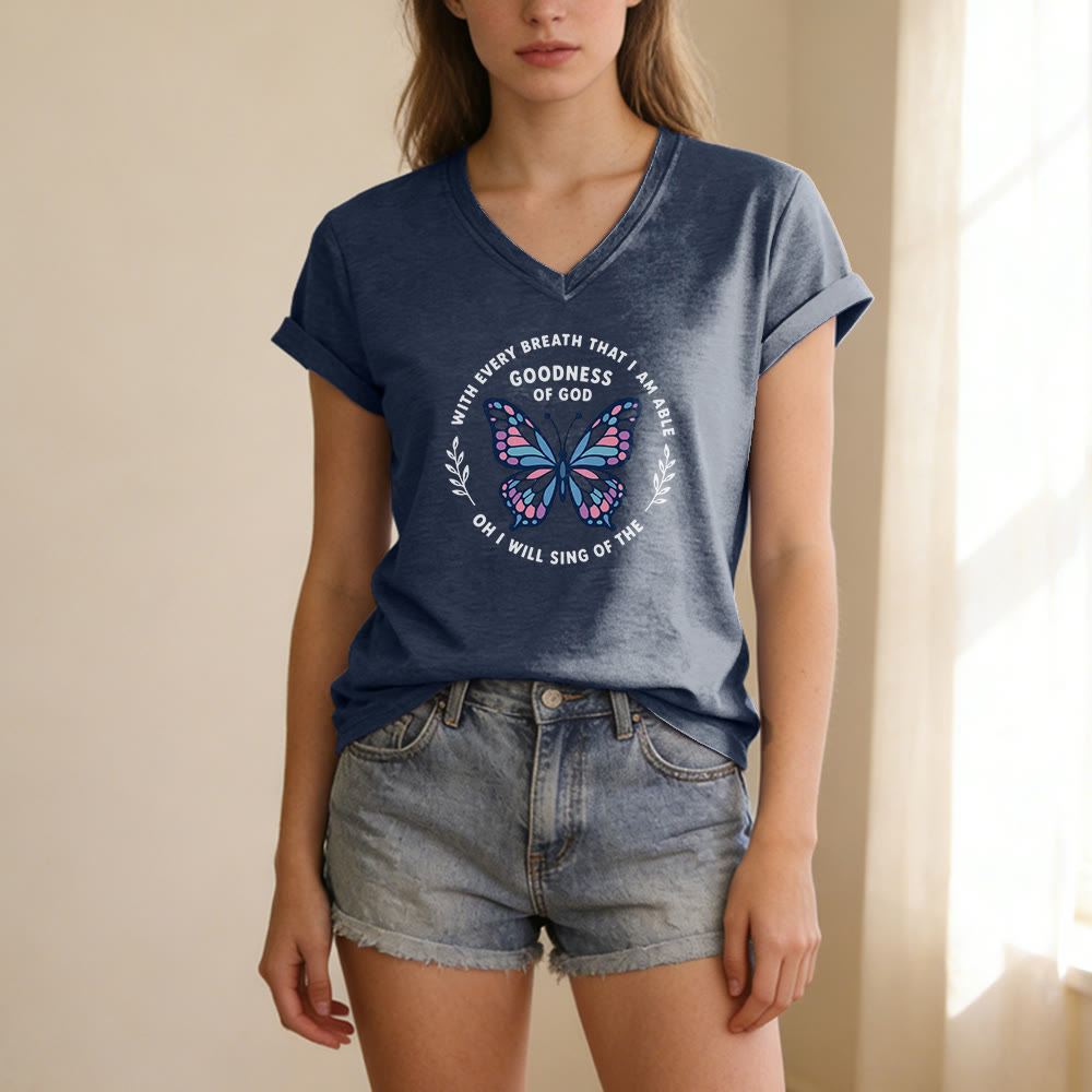 Christianartworkshop Sing of the Goodness of God Butterfly Print Casual V-neck T-shirt - image 19