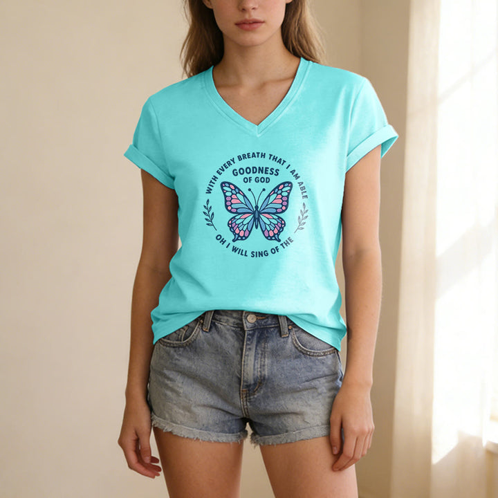 Christianartworkshop Sing of the Goodness of God Butterfly Print Casual V-neck T-shirt - image 11