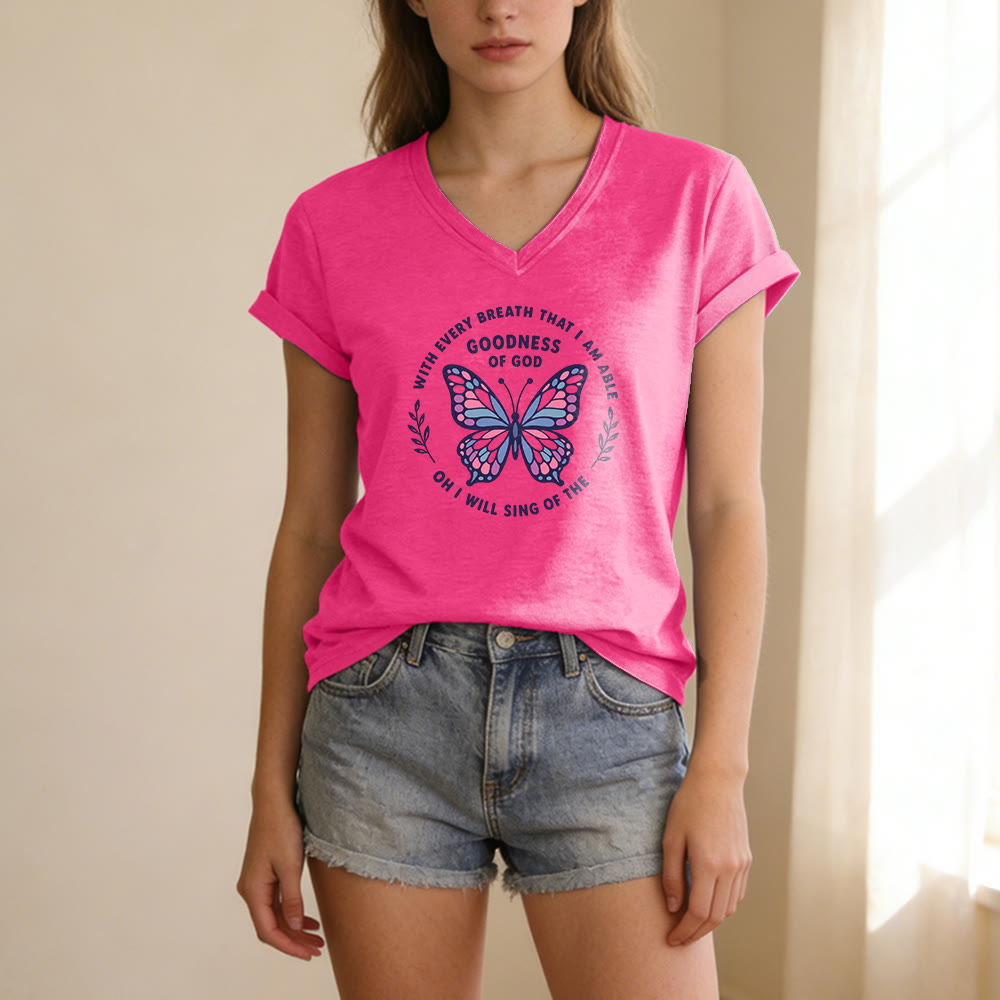 Christianartworkshop Sing of the Goodness of God Butterfly Print Casual V-neck T-shirt - image 25
