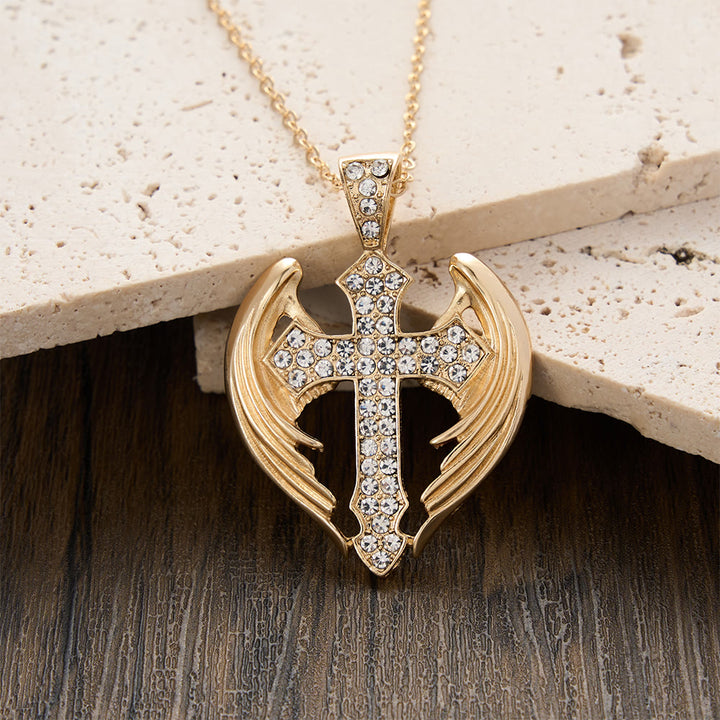Christianartworkshop Gold-Tone Angel Wing Cross Pendant Necklace with Zircon Stones: A Symbol of Divine Protection - image 3