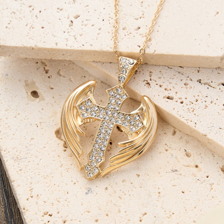 Christianartworkshop Gold-Tone Angel Wing Cross Pendant Necklace with Zircon Stones: A Symbol of Divine Protection - image 2