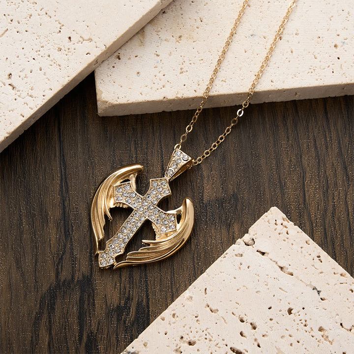 Christianartworkshop Gold-Tone Angel Wing Cross Pendant Necklace with Zircon Stones: A Symbol of Divine Protection - image 4