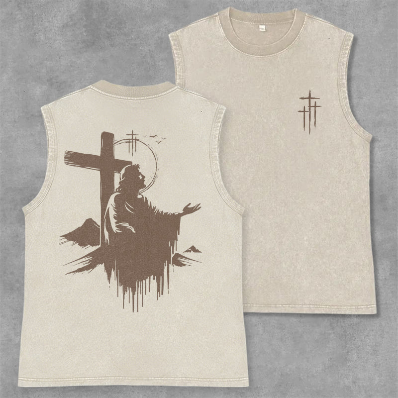 Christianartworkshop Jesus and Cross Mountain Silhouette Vintage Washed Tank Top - Beige - 2XL - image 0