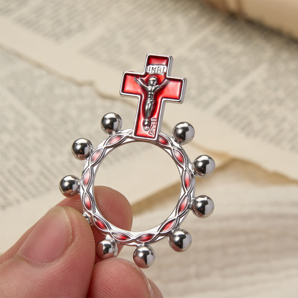 Christianartworkshop Crucifix Finger Rosary Ring with Red Enamel & Beaded Accents (Set of 5/10): A Symbol of Redemption - Silver & Red - Set of 10pcs - image 0