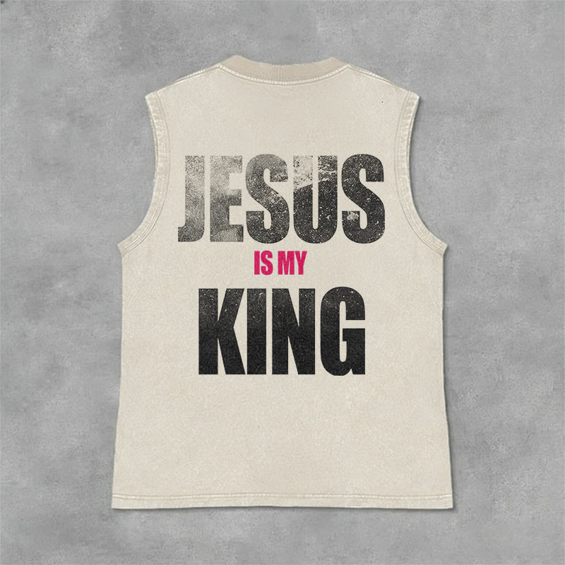 Christianartworkshop Jesus Is My King Bold Gradient Print Vintage Washed Tank Top - Beige - 2XL - image 0