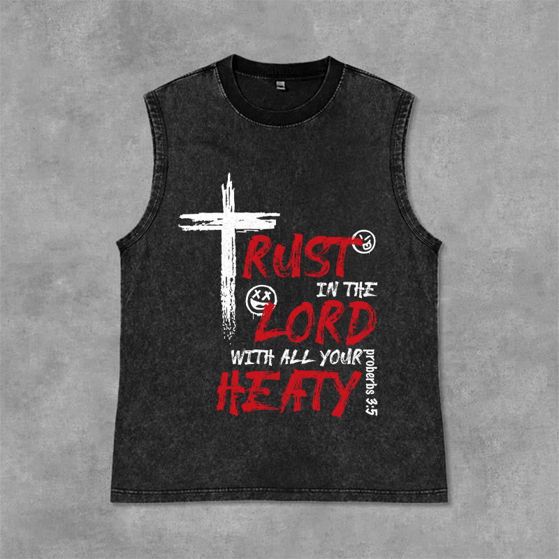 Christianartworkshop Trust In The Lord With All Your Heart Proverbs 3:5 Cross Print Vintage Washed Tank Top - Black - 2XL - image 0