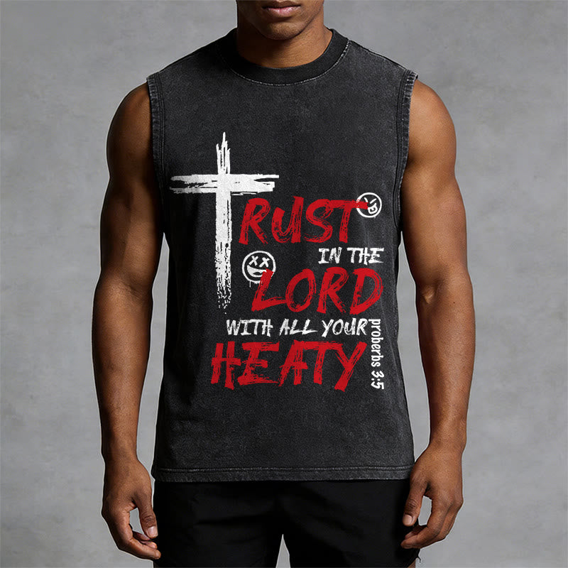 Christianartworkshop Trust In The Lord With All Your Heart Proverbs 3:5 Cross Print Vintage Washed Tank Top - image 1