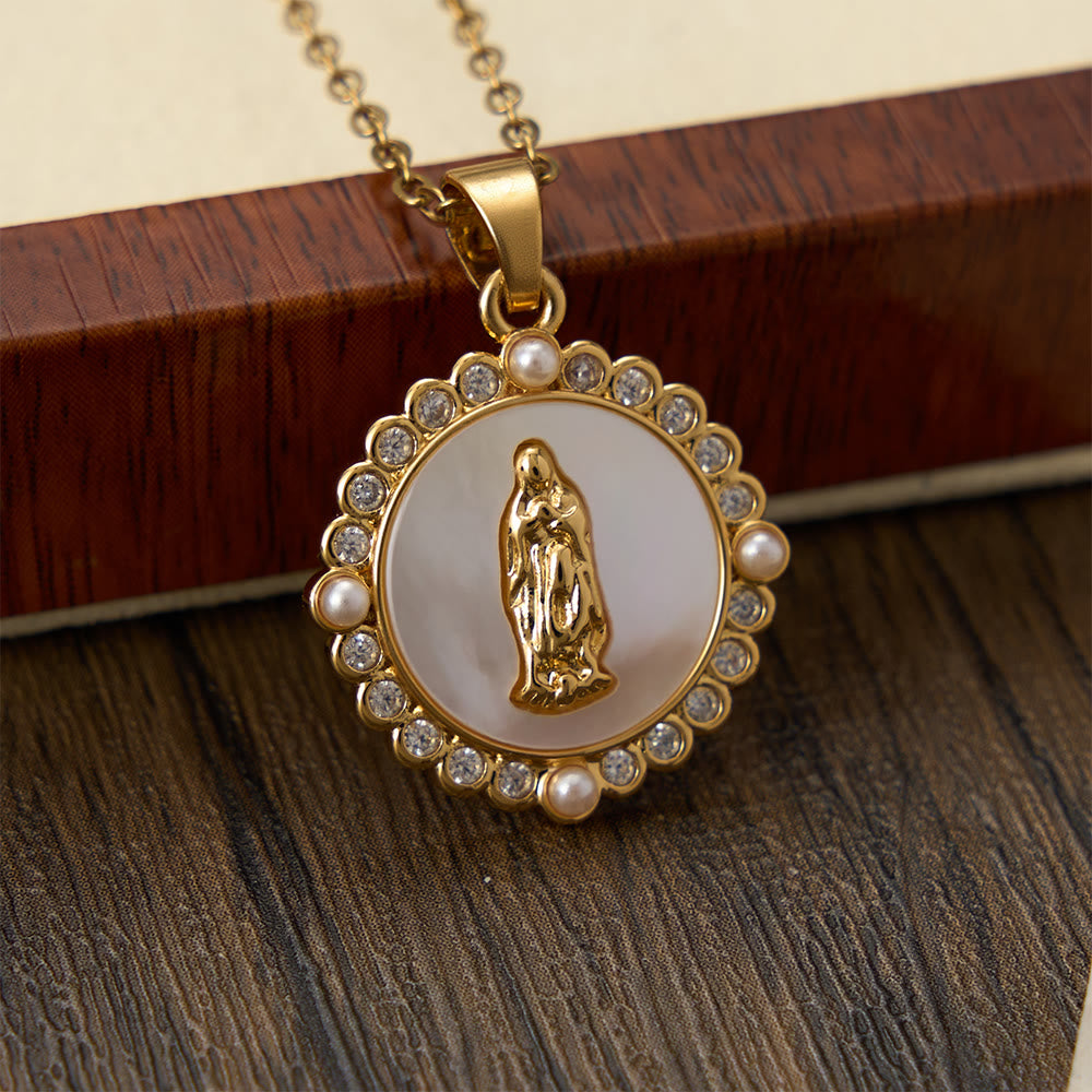 Christianartworkshop Ornate Gold-Tone Virgin Mary Necklace with Mother of Pearl Inlay & Crystal Halo: A Reminder of Divine Protection - image 1