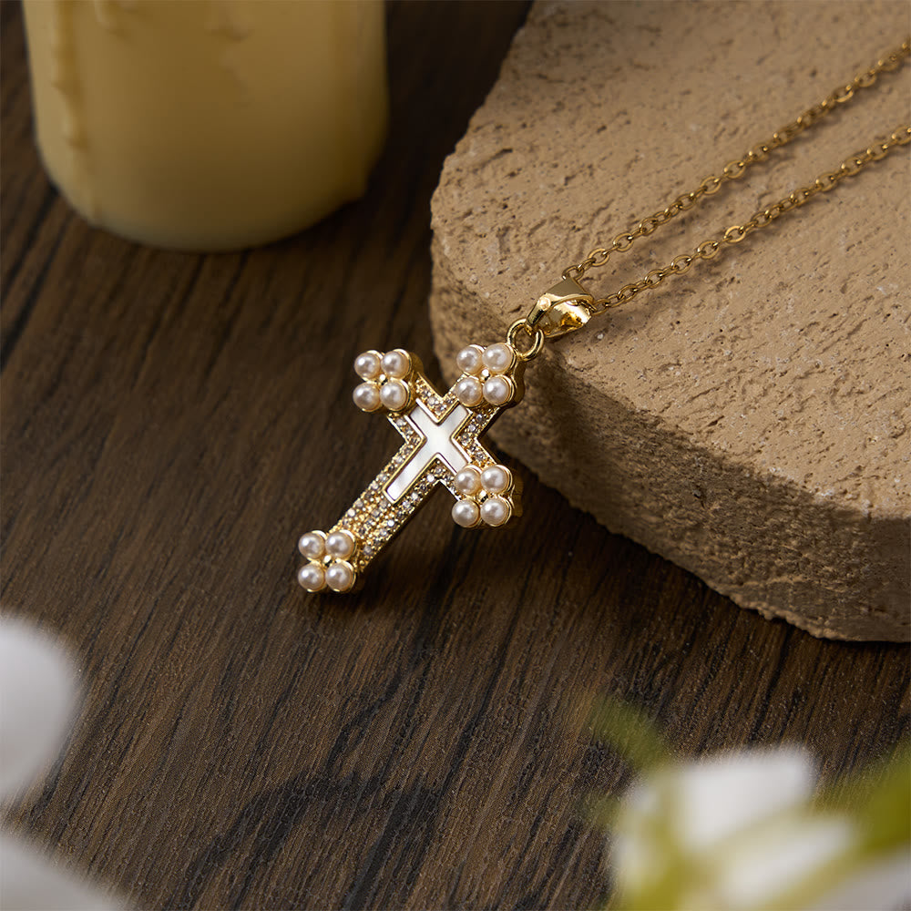 Christianartworkshop Refined Cross Pendant Necklace with Mother of Pearl, Zircon, and Pearl Accents - image 3