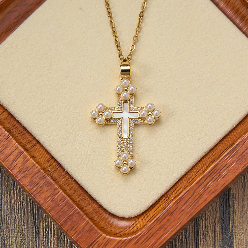 Christianartworkshop Refined Cross Pendant Necklace with Mother of Pearl, Zircon, and Pearl Accents - image 2