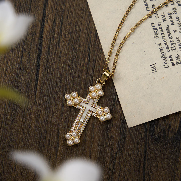 Christianartworkshop Refined Cross Pendant Necklace with Mother of Pearl, Zircon, and Pearl Accents - Cross - image 0