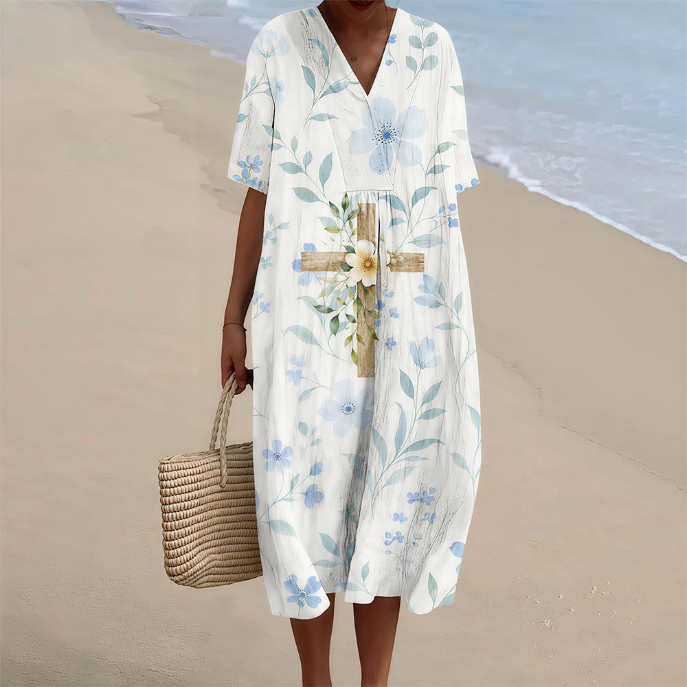 Christianartworkshop Floral Wood Cross Watercolor V-Neck Short Sleeve Midi Dress - 4XL - image 0