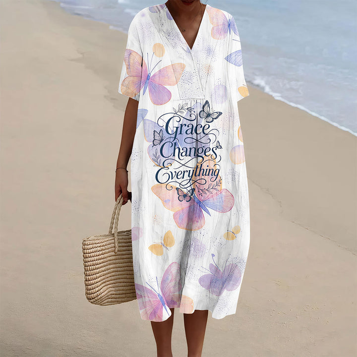 Christianartworkshop Grace Changes Everything Pastel Butterfly V-Neck Short Sleeve Midi Dress - 4XL - image 0
