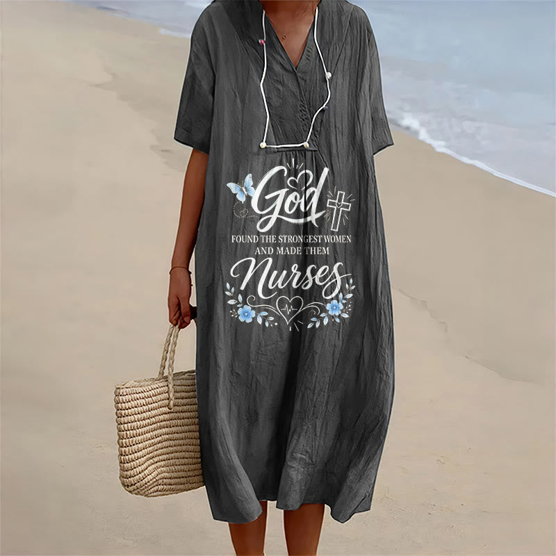 Christianartworkshop God Found the Strongest Women and Made Them Nurses Inspirational V-Neck Short Sleeve Midi Dress - Black - 4XL - image 0