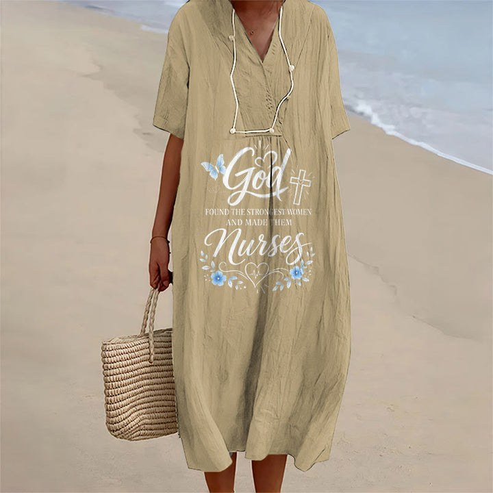 Christianartworkshop God Found the Strongest Women and Made Them Nurses Inspirational V-Neck Short Sleeve Midi Dress - Khaki - 4XL - image 6