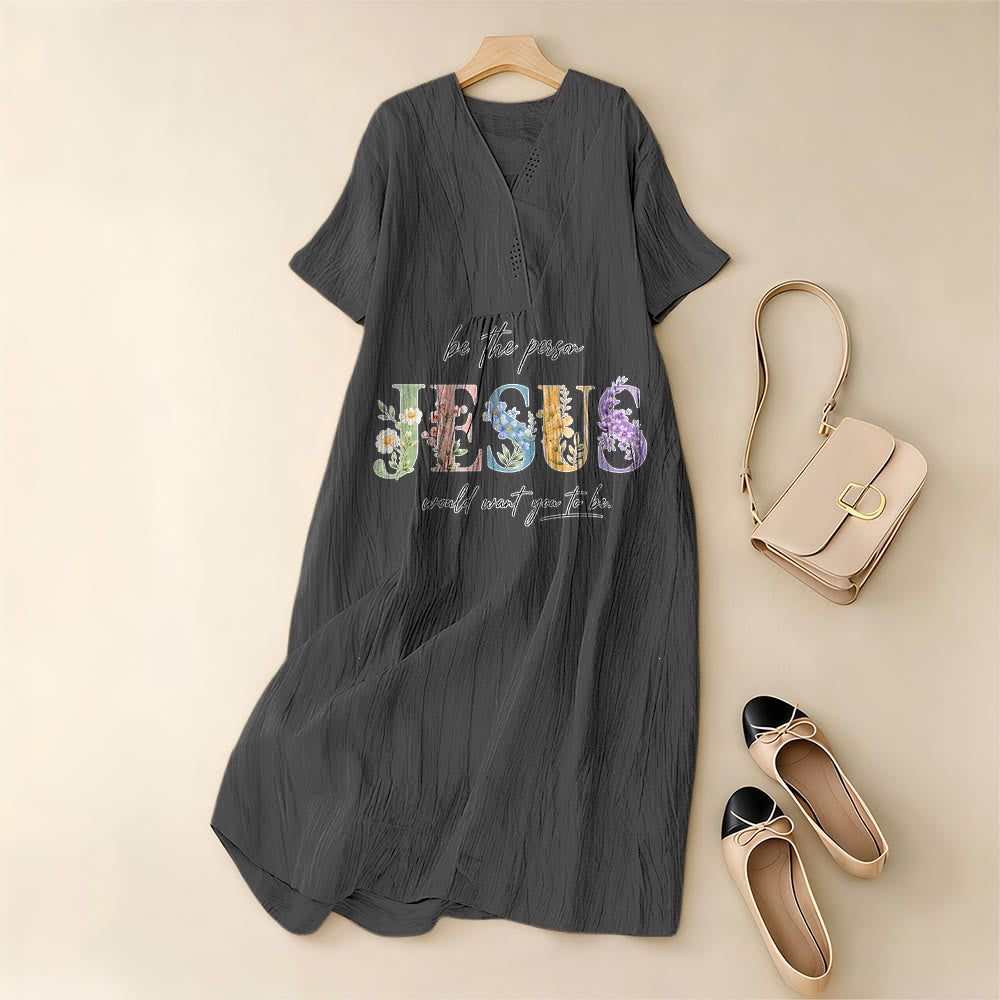 Christianartworkshop Be the Person Jesus Would Want You to Be Floral Jesus V-Neck Short Sleeve Midi Dress - image 9