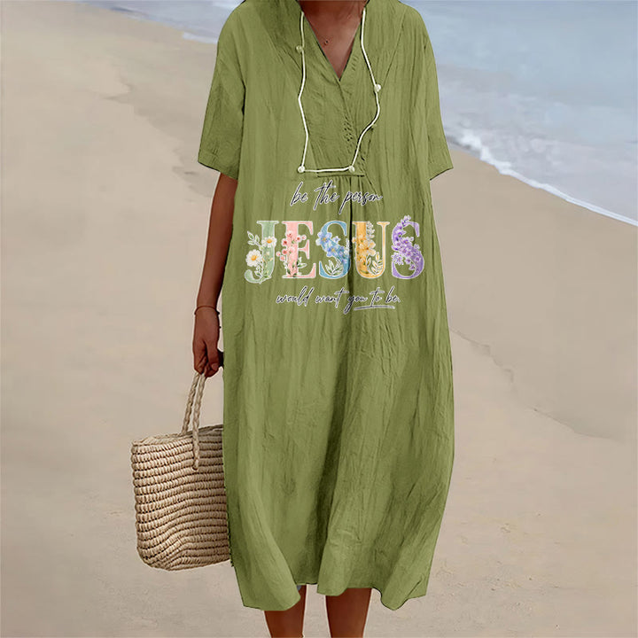 Christianartworkshop Be the Person Jesus Would Want You to Be Floral Jesus V-Neck Short Sleeve Midi Dress - Olive Green - 4XL - image 10