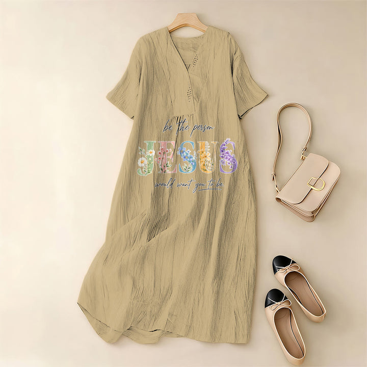 Christianartworkshop Be the Person Jesus Would Want You to Be Floral Jesus V-Neck Short Sleeve Midi Dress - image 3