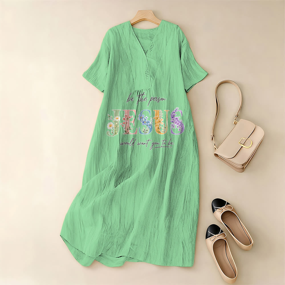 Christianartworkshop Be the Person Jesus Would Want You to Be Floral Jesus V-Neck Short Sleeve Midi Dress - image 5