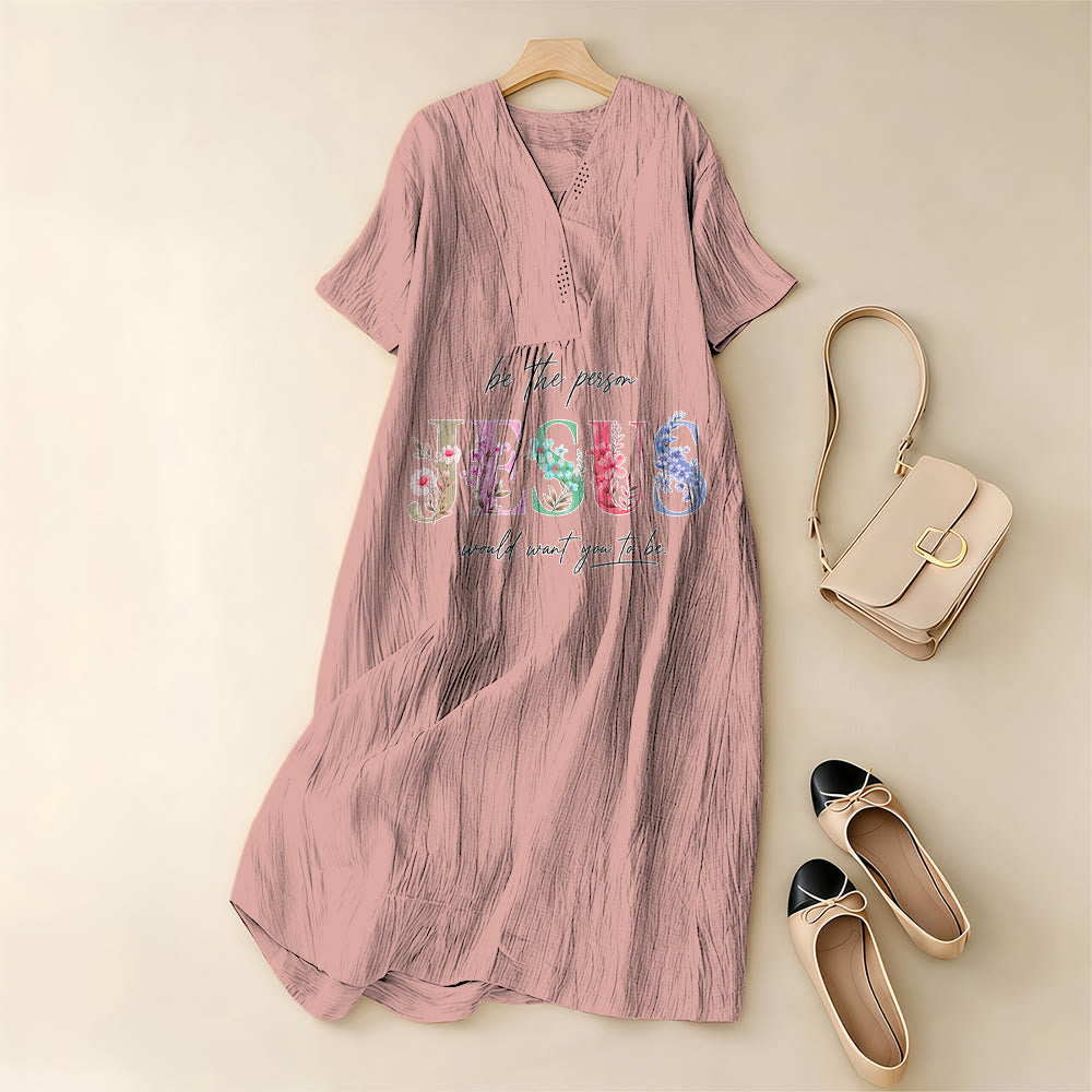 Christianartworkshop Be the Person Jesus Would Want You to Be Floral Jesus V-Neck Short Sleeve Midi Dress - image 7