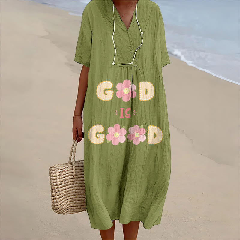 Christianartworkshop Devotional “God Is Good” Floral Statement V-Neck Short Sleeve Midi Dress - Olive Green - 4XL - image 10