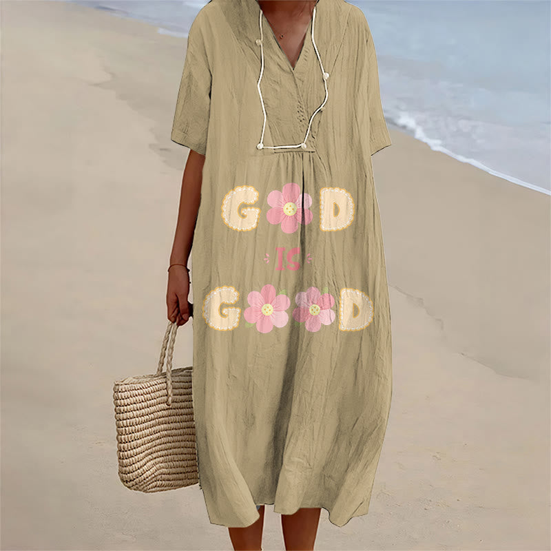 Christianartworkshop Devotional “God Is Good” Floral Statement V-Neck Short Sleeve Midi Dress - Khaki - 4XL - image 2