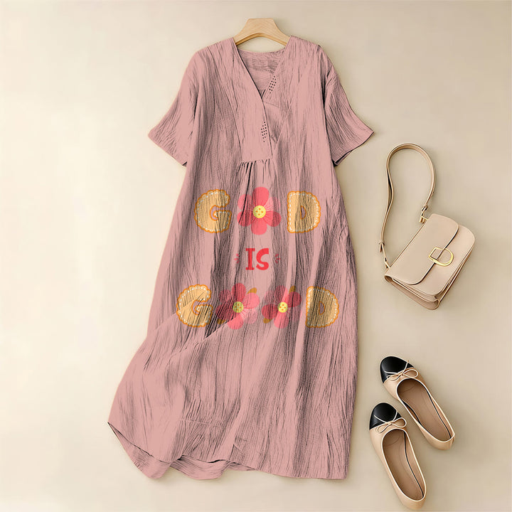 Christianartworkshop Devotional “God Is Good” Floral Statement V-Neck Short Sleeve Midi Dress - image 1