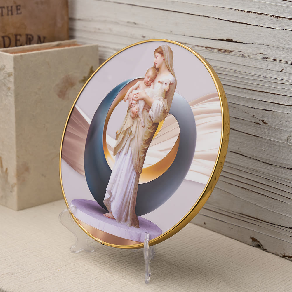 Christianartworkshop Vibrant Madonna and Child with Lamb Desktop Ornament with Gold Trim and Abstract Halo: A Daily Symbol of Comfort and Purity - image 1