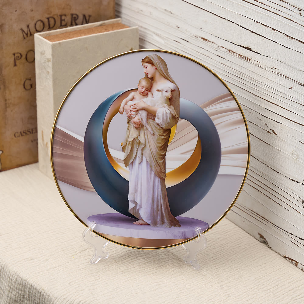 Christianartworkshop Vibrant Madonna and Child with Lamb Desktop Ornament with Gold Trim and Abstract Halo: A Daily Symbol of Comfort and Purity - Madonna and Child & Lamb - image 0