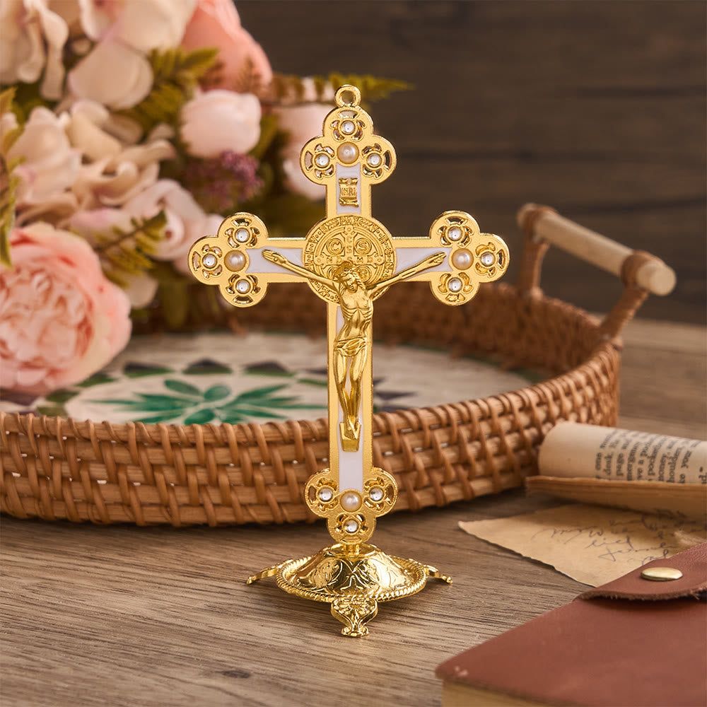 Christianartworkshop Ornate St. Benedict Crucifix Desktop Ornament with Gold Finish & Pearl Accents: A Symbol of Divine Protection - White - image 4