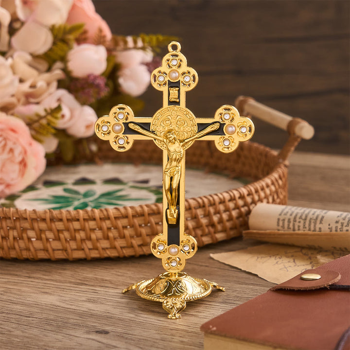 Christianartworkshop Ornate St. Benedict Crucifix Desktop Ornament with Gold Finish & Pearl Accents: A Symbol of Divine Protection - Black - image 5