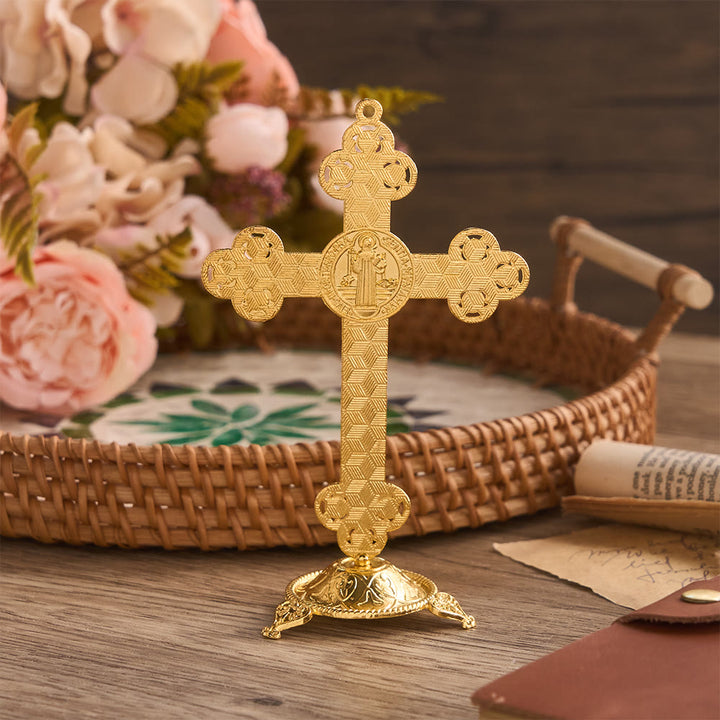 Christianartworkshop Ornate St. Benedict Crucifix Desktop Ornament with Gold Finish & Pearl Accents: A Symbol of Divine Protection - image 7