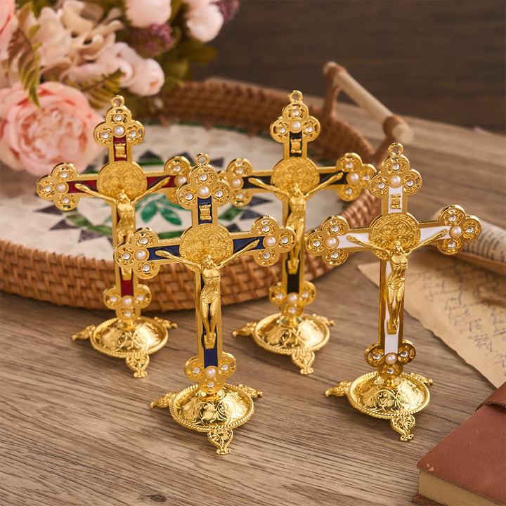 Christianartworkshop Ornate St. Benedict Crucifix Desktop Ornament with Gold Finish & Pearl Accents: A Symbol of Divine Protection - image 0
