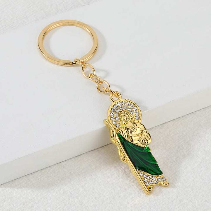 Christianartworkshop Two-Tone St. Jude Keychain with Green Enamel & Zircon Details: A Reminder of Sacred Faith - image 2