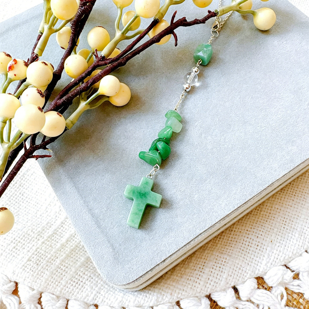 Christianartworkshop Intricate Natural Stone Car Ornament with Crystal Chips and Cross Pendant: A Graceful Keepsake of Faith - image 4