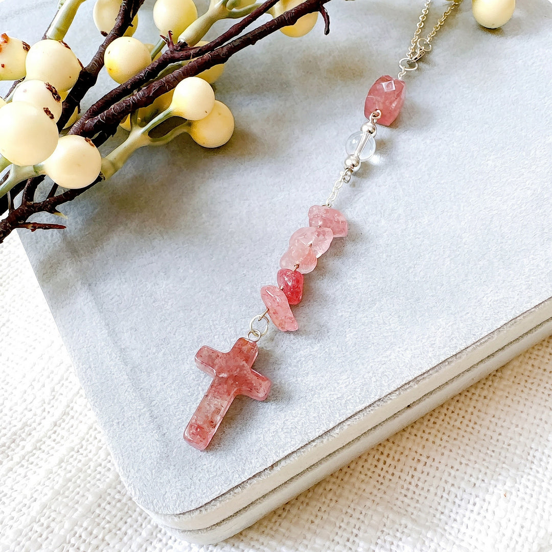 Christianartworkshop Intricate Natural Stone Car Ornament with Crystal Chips and Cross Pendant: A Graceful Keepsake of Faith - image 2