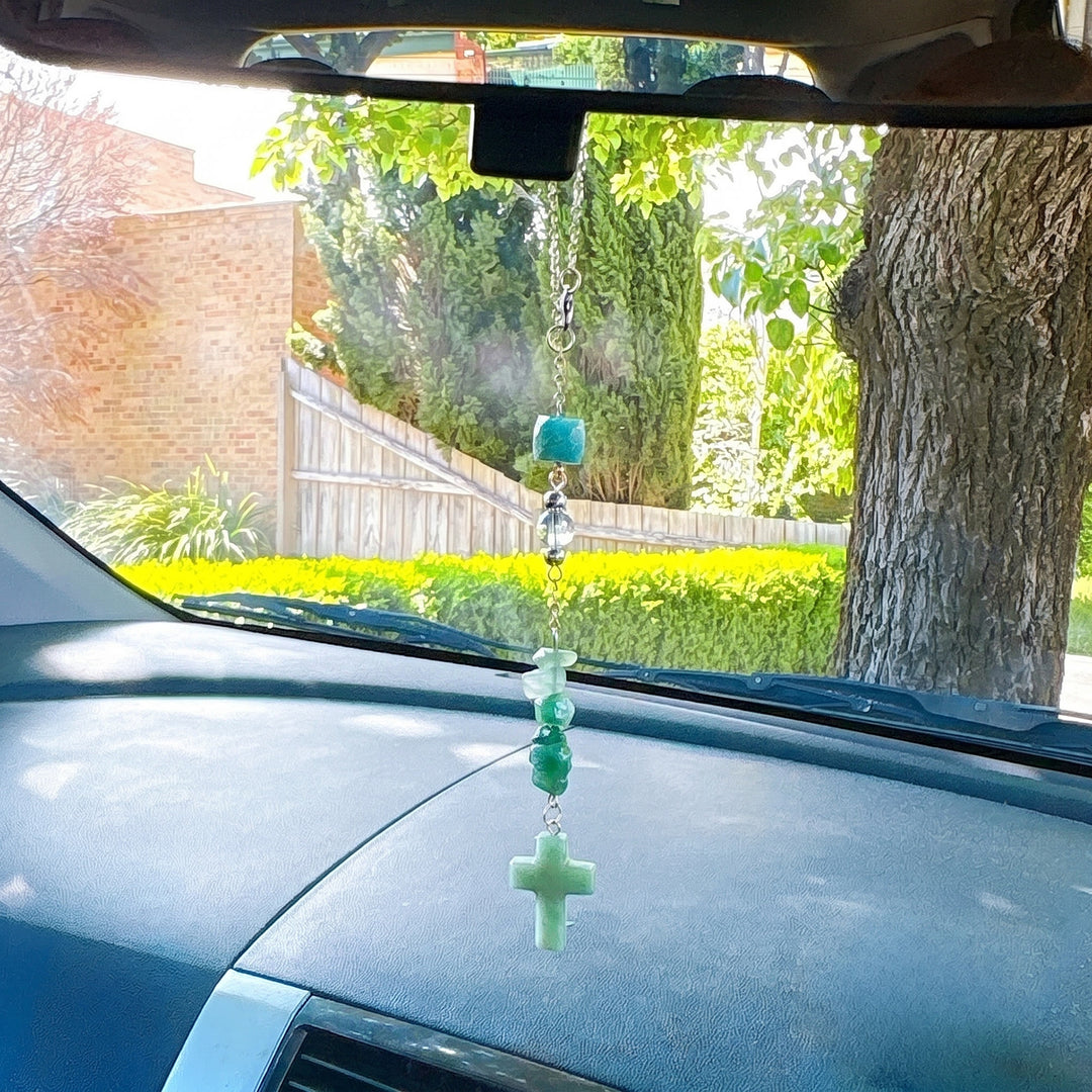 Christianartworkshop Intricate Natural Stone Car Ornament with Crystal Chips and Cross Pendant: A Graceful Keepsake of Faith - Green Aventurine - image 3