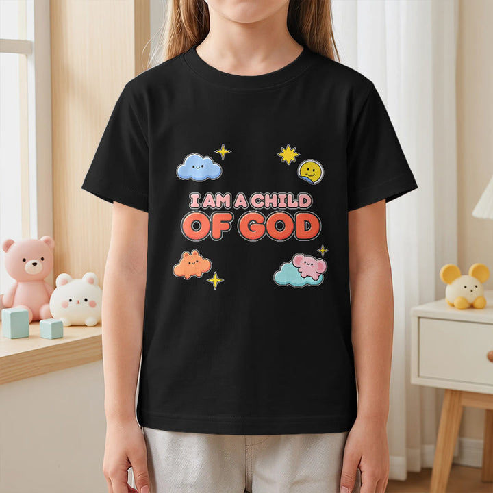 Christianartworkshop Whimsical Smiling Cloud and Sun Accent I Am a Child of God Kids T-Shirt - image 26
