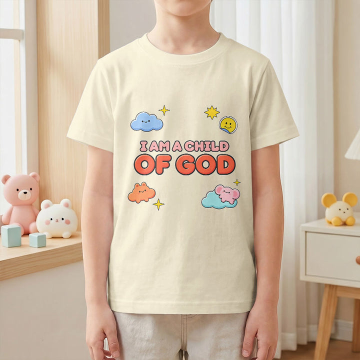 Christianartworkshop Whimsical Smiling Cloud and Sun Accent I Am a Child of God Kids T-Shirt - image 22