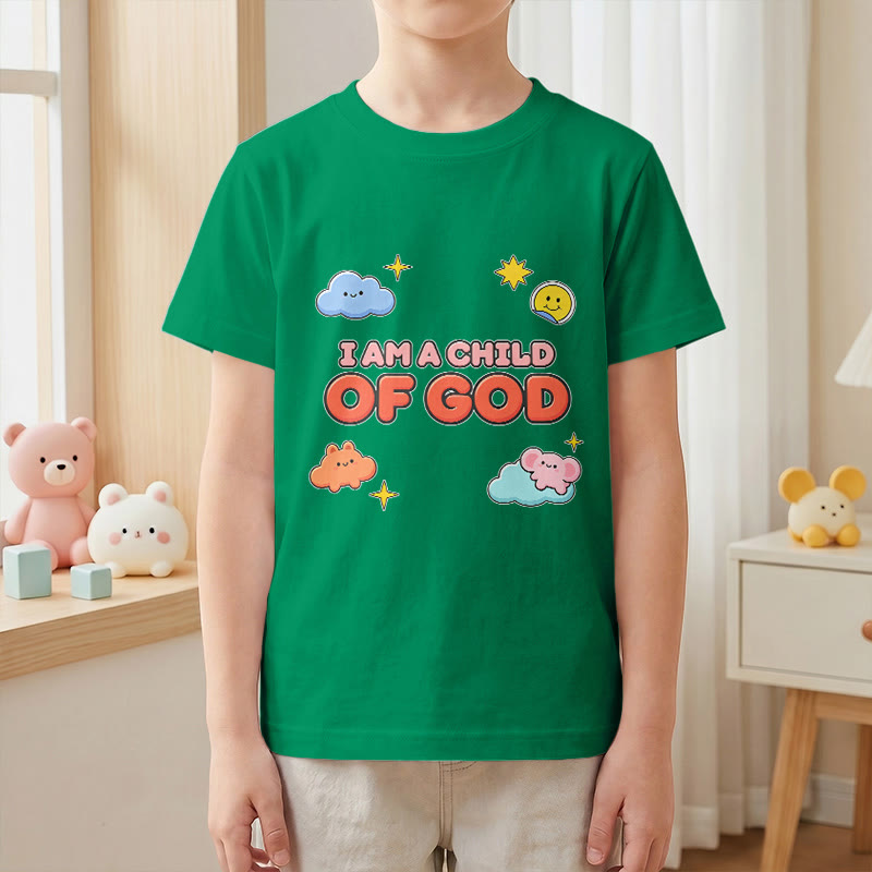Christianartworkshop Whimsical Smiling Cloud and Sun Accent I Am a Child of God Kids T-Shirt - image 16