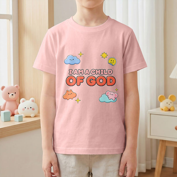 Christianartworkshop Whimsical Smiling Cloud and Sun Accent I Am a Child of God Kids T-Shirt - image 13
