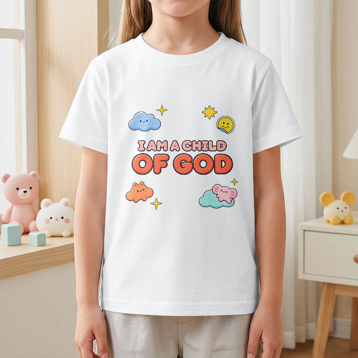 Christianartworkshop Whimsical Smiling Cloud and Sun Accent I Am a Child of God Kids T-Shirt - image 2