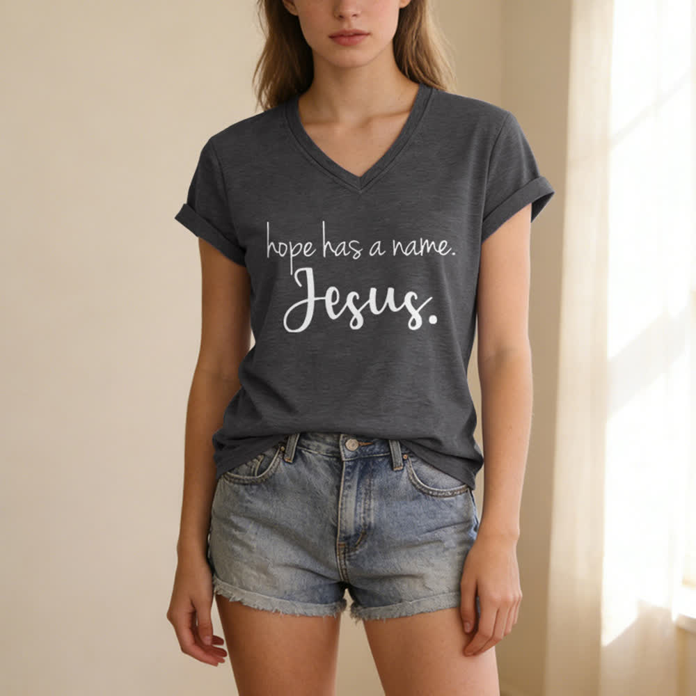 Christianartworkshop Hope Has A Name Jesus Print V-Neck T-shirt - image 7