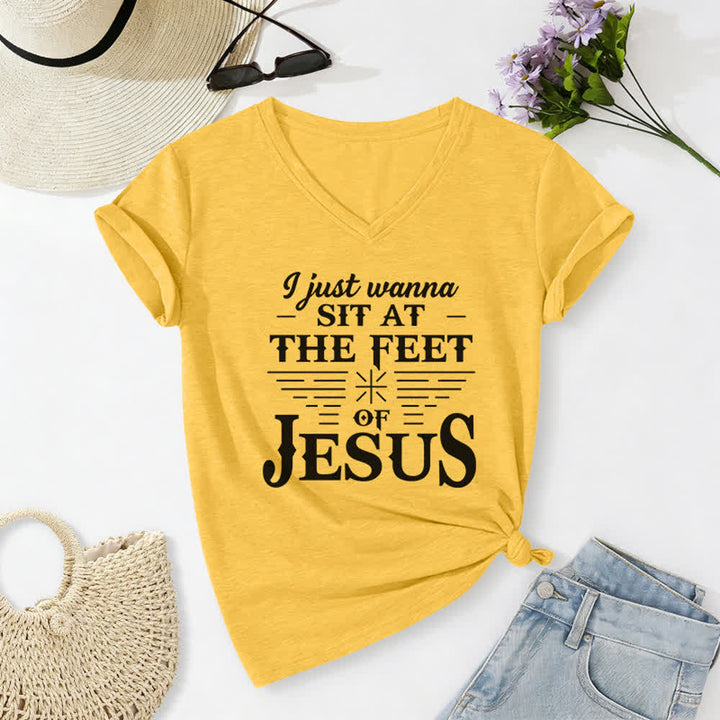 Christianartworkshop I Just Wanna Sit At The Feet of Jesus Print V-Neck T-shirt - Yellow - 2XL - image 10