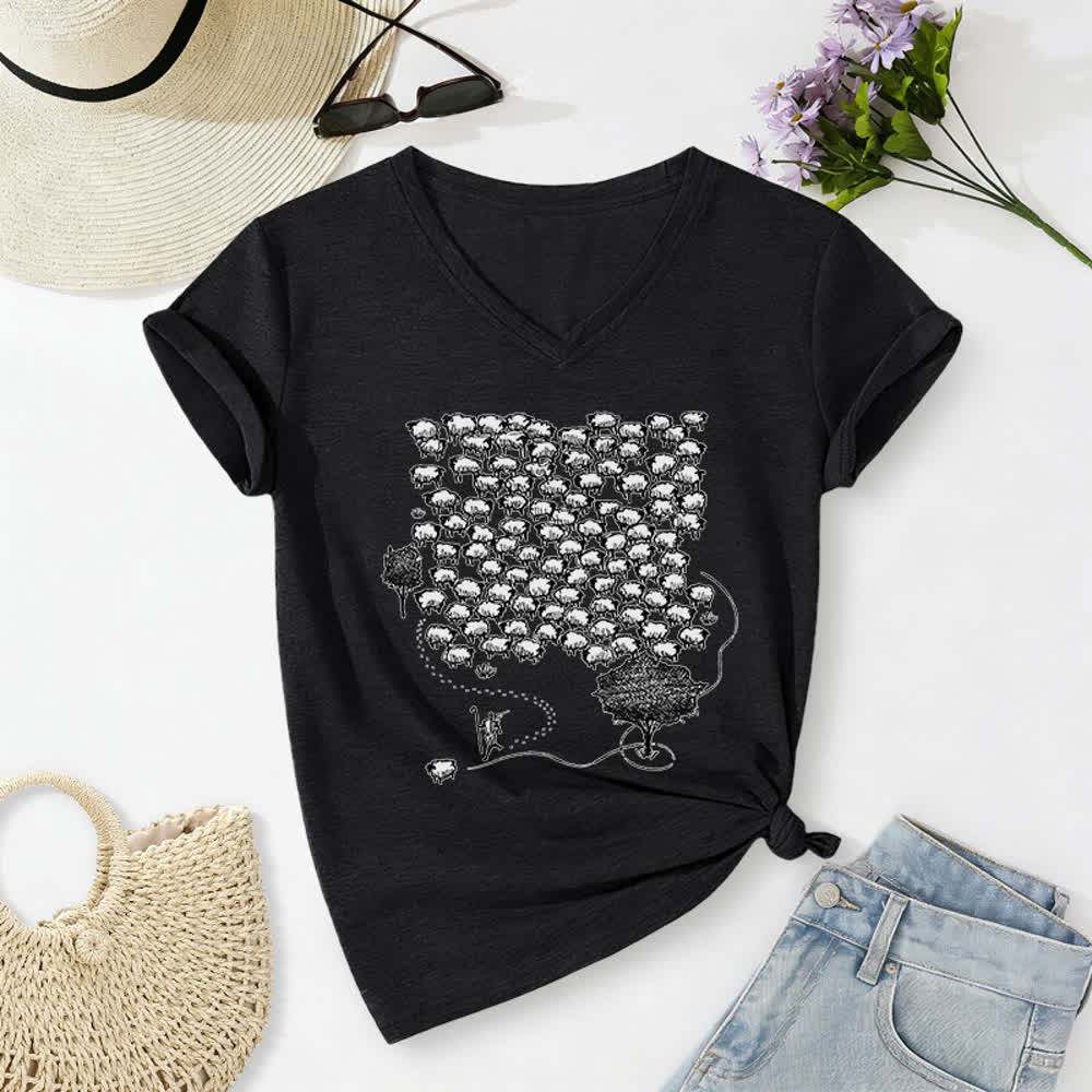 Christianartworkshop Flock of Sheep Graphic Print V-Neck T-shirt - Black - 2XL - image 2