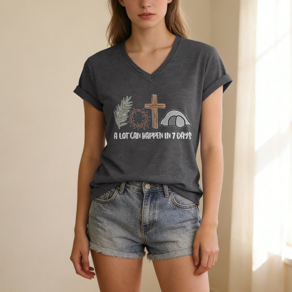 Christianartworkshop Easter Faith A Lot Can Happend In 7 Days Print V-Neck T-shirt - image 5