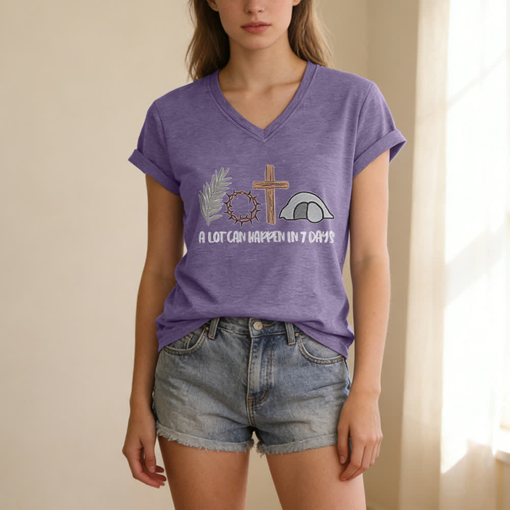 Christianartworkshop Easter Faith A Lot Can Happend In 7 Days Print V-Neck T-shirt - image 25
