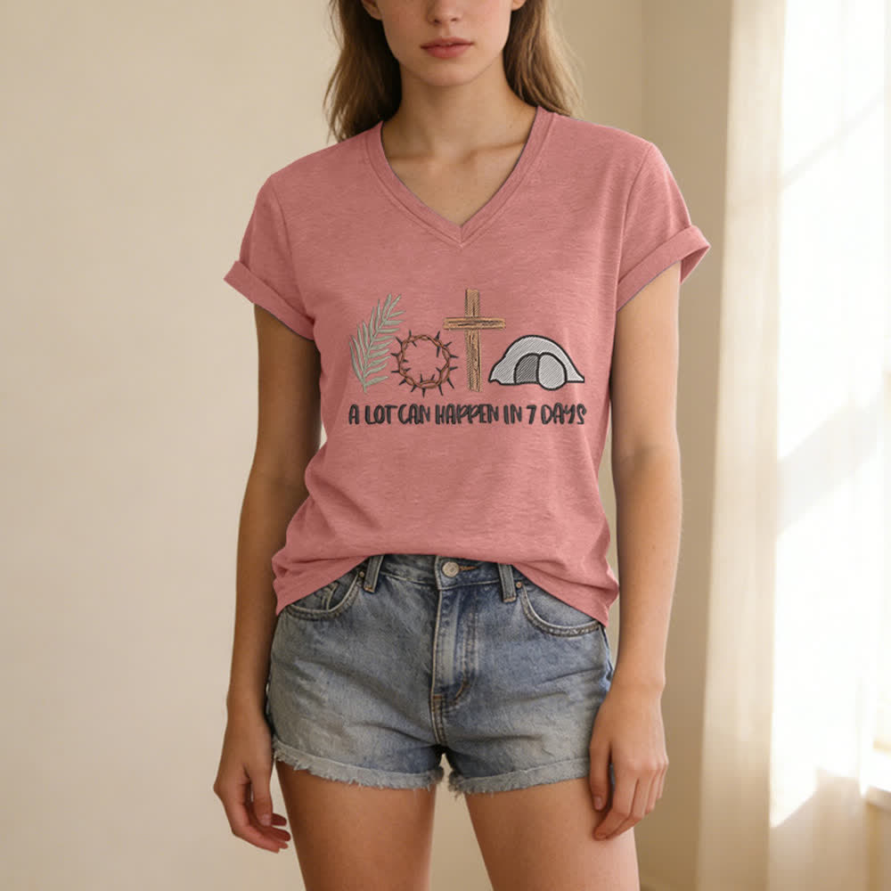 Christianartworkshop Easter Faith A Lot Can Happend In 7 Days Print V-Neck T-shirt - image 19