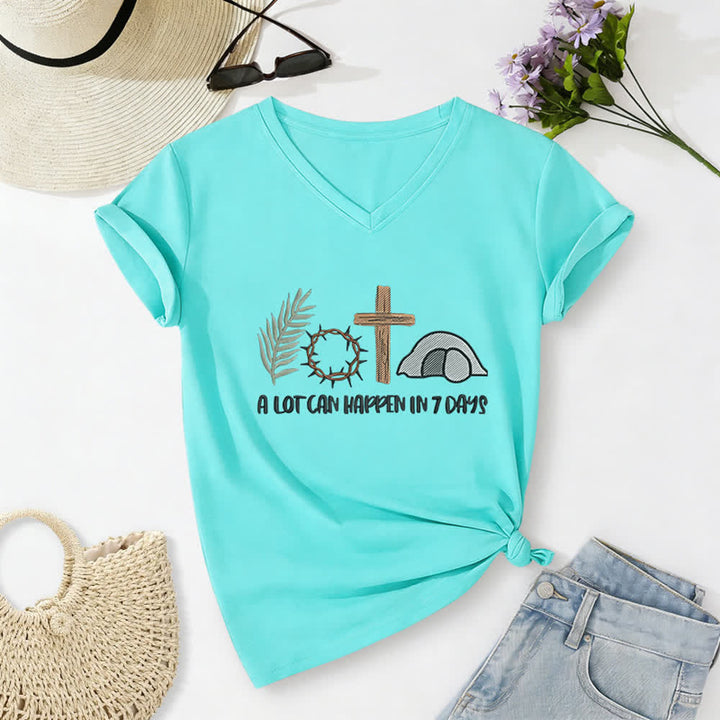 Christianartworkshop Easter Faith A Lot Can Happend In 7 Days Print V-Neck T-shirt - Sky Blue - 2XL - image 14